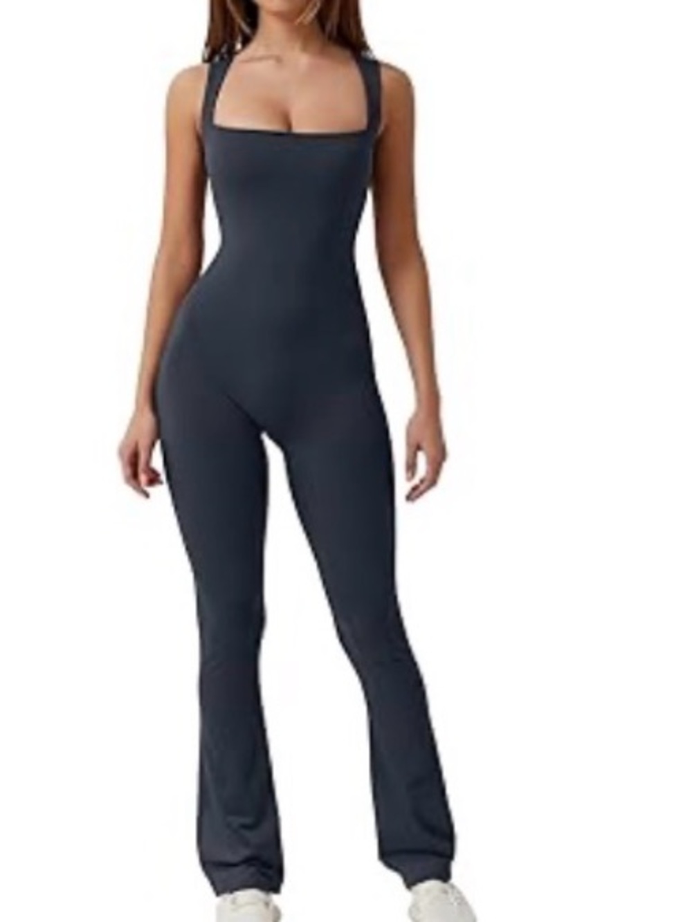 QINSEN Navy Jumpsuit for Women Square  Neck Stretch Flare Leggings Romper